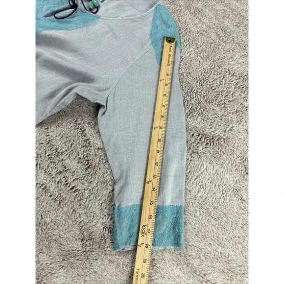 Soft Surroundings Linen Tunic Top Size L Gray Aqua Lace Boho 3/4 Sleeves - Picture 9 of 16